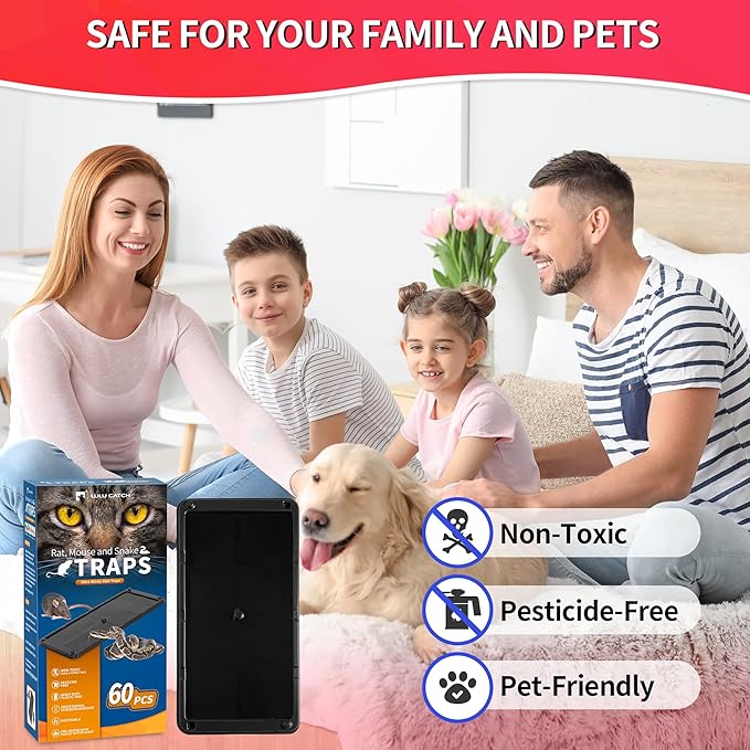 LULUCATCH Sticky Mouse Trap, 60 Pack Large Glue Traps, Pre-Baited Heavy Duty Non-Toxic Bulk Glue Boards Mouse Traps Indoor for Mice, Snakes, Rat, Insects, Cockroaches & Spiders, Pet Safe Easy to Use
