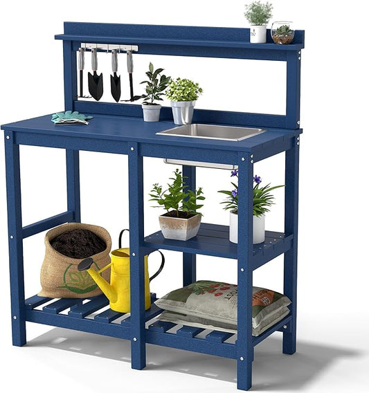 FOOWIN Potting Bench, HDPE Outdoor Potting Table with Sink, All-Weather Potting Benches for Outside, Gardening Table with Storage Shelf, Hook, for Garden, Patio, Lawns, Navy Blue