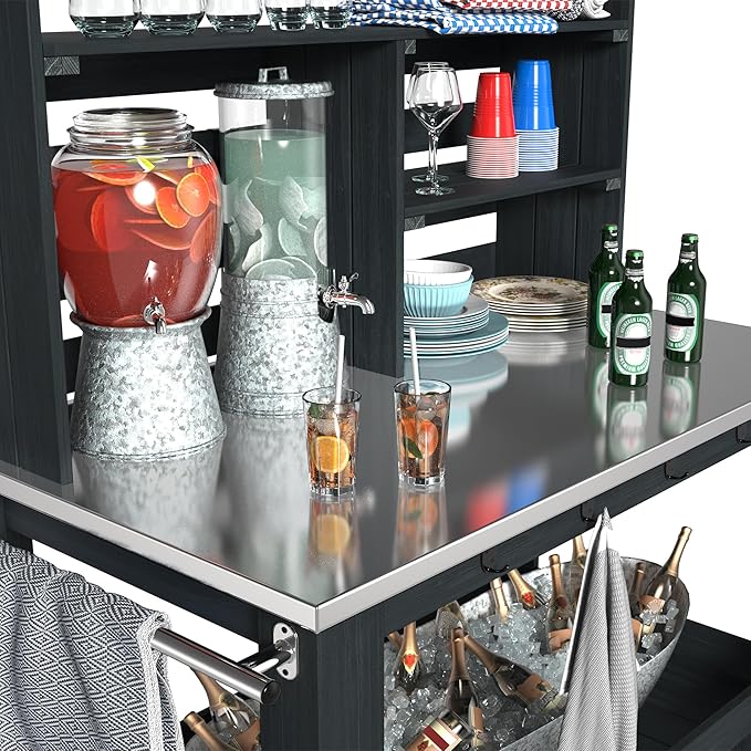 GDLF Potting Bench Table Large Outdoor Kitchen Island Prep Station with Stainless Steel Top Waterproof Cover, Hardwood, 66.9" H