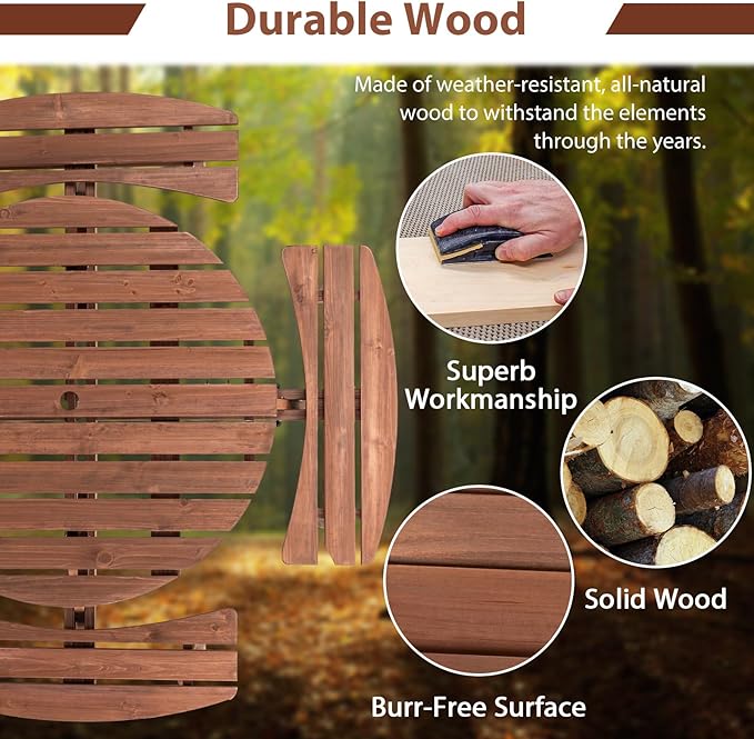 8-Person Round Wooden Picnic Table with Seat, Outdoor Camping Dining Table with 4 Built-in Benches, Brown