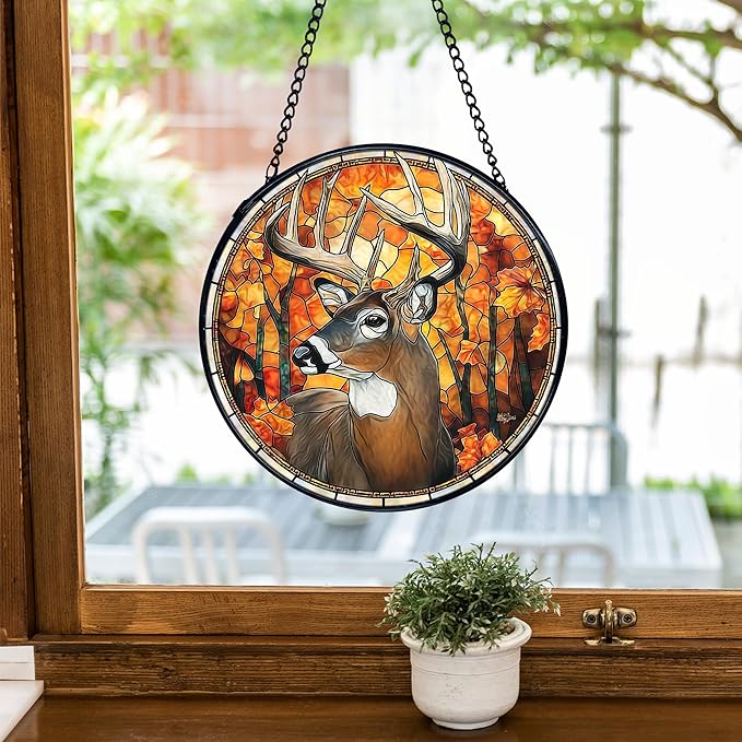 TNUW Fall Deer Stained Glass Window Hanging, Rustic Autumn Forest Wildlife Deer Sun Catchers Indoor Window Glass Round Wall Art Decor, Fall Wall Hanging Decorations, 7.9＂x7.9＂