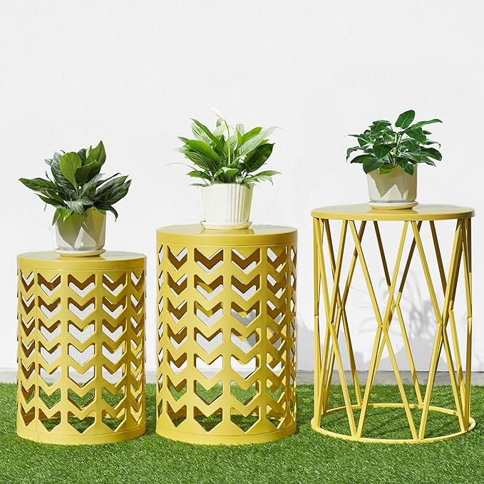 HFHOME Set of 3 Metal Side End Tables Nightstand, Nesting Round Coffee Table for Indoor Outdoor, Heavy Duty Metal Plant Stand Living Room Garden Stool - Yellow
