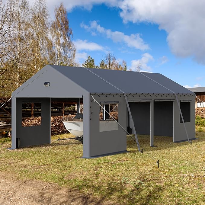 13x25 Carport, Heavy Duty Carport Canopy Garage with Removable Sidewalls and Drive Through Roll Up Zipper Doors & Side Doors, Grey