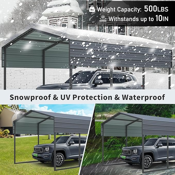 KEIKI 10x15 FT Steel Metal Outdoor Carport with Peaked Roof,Heavy Duty Vehicle Shed Canopy for Car,Truck and Boats