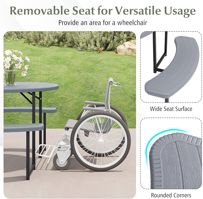 Giantex Picnic Table Bench Set for 4-8 Person, Round 37” Outdoor Dining Table w/Umbrella Hole, HDPE Tabletop, Metal Frame, Patio Furniture Set for Backyard Porch Lawn, 1400lb Capacity (Gray,Round)