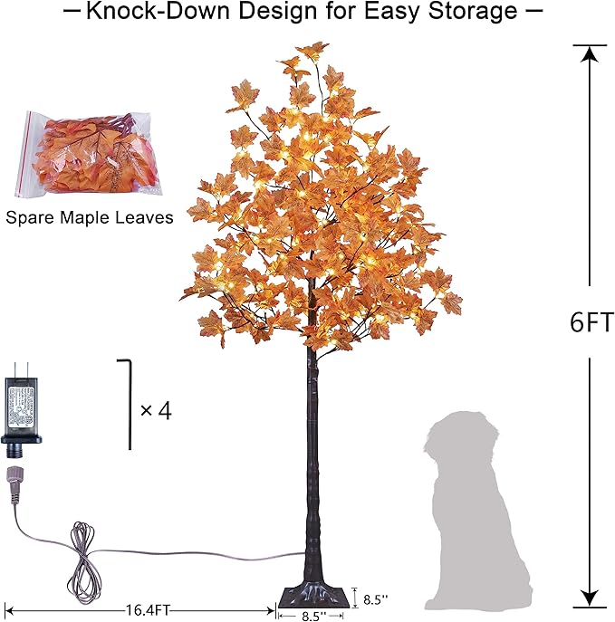 LIGHTSHARE 6FT 120LED Artificial Lighted Maple Tree Warm White Fall Decorations Indoor Ourdoor, Orange