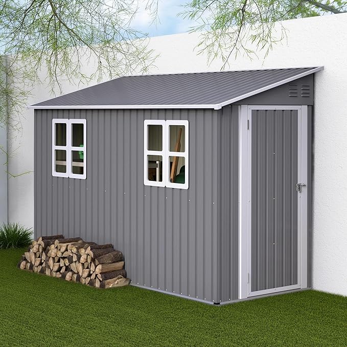 Lean Outdoor Storage Shed with 2 Adjustable Windows, 4x10 FT Heavy-Duty Outdoor Shed w/Reinforced Floor Fram and Lockable Door, Garden Tool Storage Cabinet for Backyard Garden Patio Lawn, Gray