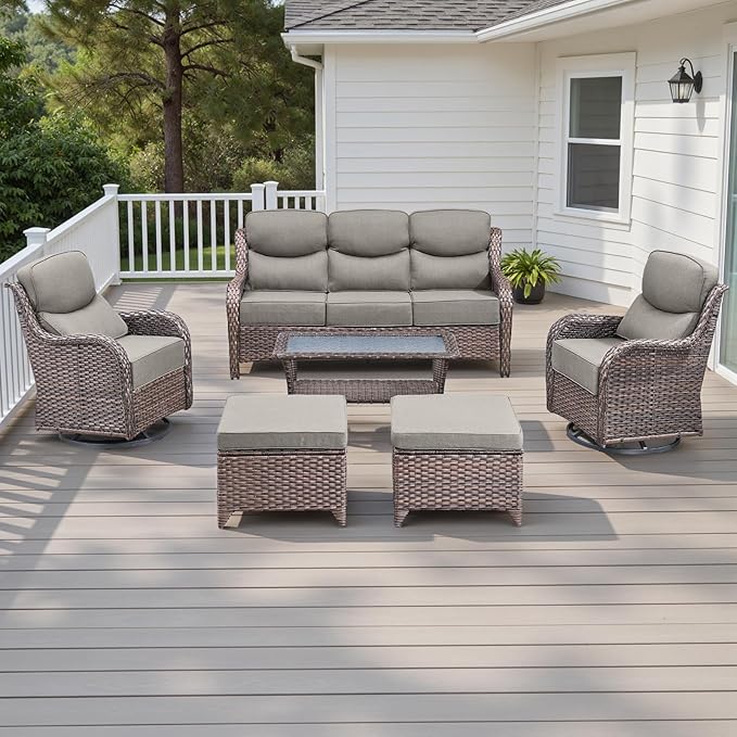 Wicker Outdoor Patio Furniture Set - 6 Piece Patio Conversation Sets with Swivel Rocker Chairs, Ottomans, Sofa and Table, 6 inch Cushions, Deep Seating, for Porch Deck Brown/Beige