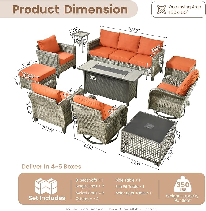 HOOOWOOO Outdoor Patio Furniture Set,10 Pieces Wicker Conversation Set,All Weather Couch Set with Fire Pit Solar Light Table Swivel Chairs Ottoman 9 Seaters for Out Door Yard(Brick Red)