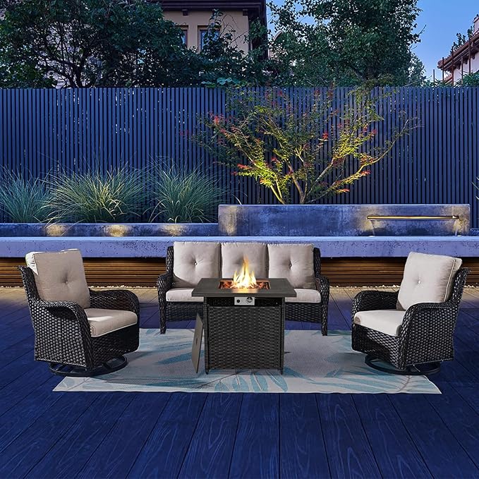 Patio Furniture 4 Piece, All-Weather PE Wicker Outdoor Furniture Set with CSA Certified 30in Propane Fire Pit Table,Outdoor Patio Furniture with Swivel Rocking Chairs