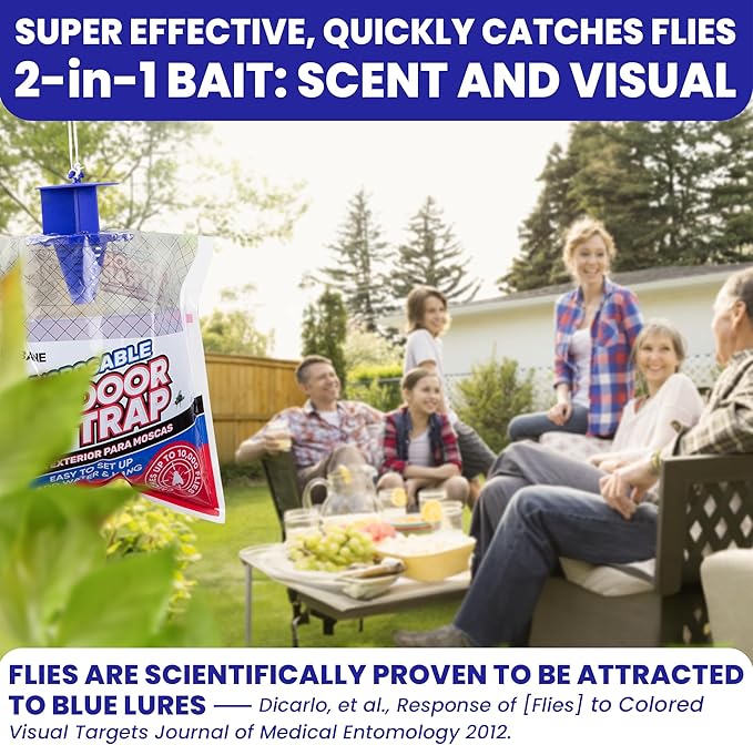 Fly Traps Outdoor Fly Trap for Patio. 9 Non-Toxic Pre-Baited Flies Bags Outdoor Disposable. Hanging Bug Catchers for All Filth Flies Killer for Outside Bug Control in Yard Horse Ranch Trash Can