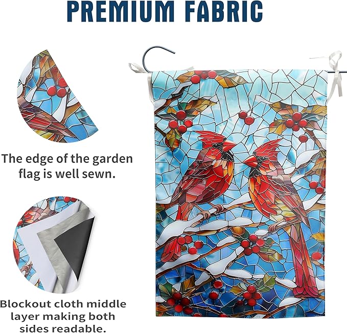 Winter Cardinal Bird Garden Flag for Outside 12x18 Stained Glass Red Birds on Snow Pine Tree Flag Christmas Outdoor Flags Double Sided Welcome New Years Yard Flag
