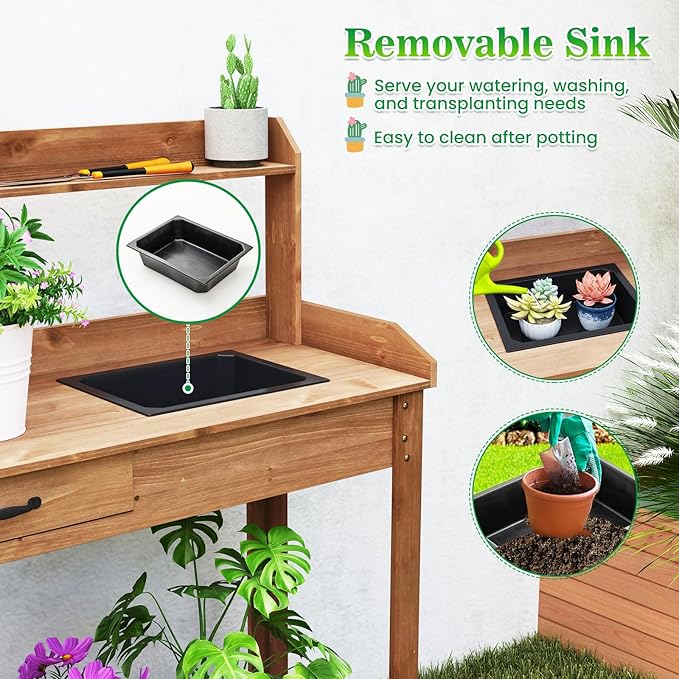 HAPPYGRILL Potting Bench Table, Wooden Work Bench with Removable Sink, Wood Garden Table with Storage Shelves, Drawer, Potting Benches for Outside, Patio Lawn Greenhouse