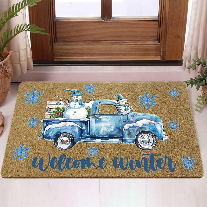 Winter Christmas Faux Coir Door Mats Outdoor, Winter Snowman Snowflake Door Mat for Home Outside Entryway, Blue Truck Christmas Welcome Doormat for Indoor Outdoor Porch Entrance, 17x30 Inch