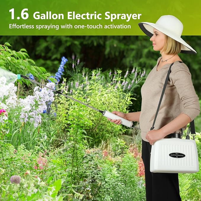 Electric Sprayer, Battery Powered Sprayer 6L/1.6 Gallon, with 3-Adjustable Nozzles, Retractable Wand, Rechargeable Handle & Adjustable Shoulder Strap, Suitable for Garden, Lawn & Cleaning.