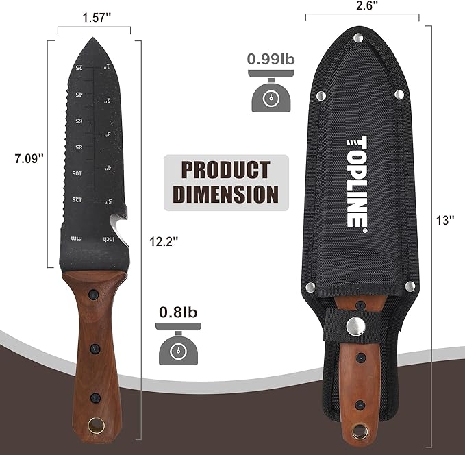TOPLINE Hori Hori Garden Knife with Oxford Sheath, 7" Stainless Steel Blade with Cutting Edge, Full Tang Walnut Handle with Hanging Hole, Multifunctional Garden Tools for Weeding, Planting, Cutting