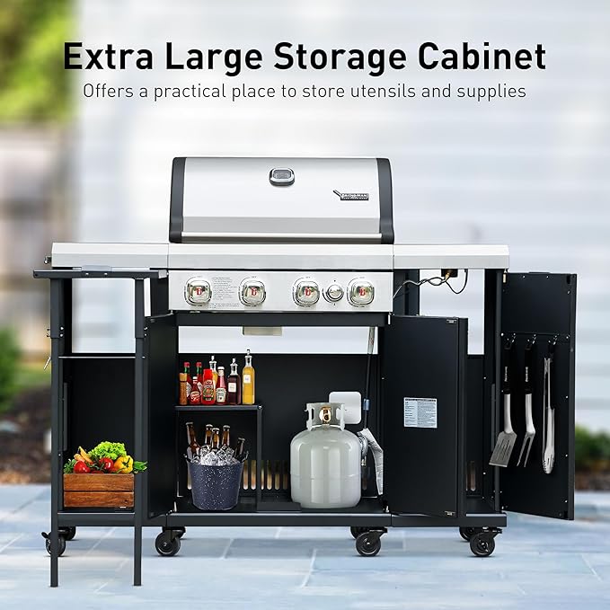 Brand-Man 4-Burner Gas Outdoor Kitchen Grill Island with Side Burner - 44,000 BTU Stainless Steel BBQ Grill Station with Storage Cabinets, Fold-out Prep Table, LPG/NG Convertible, Black
