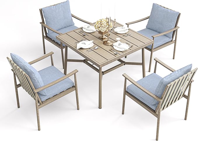 HAPPATIO 5-Piece Outdoor Dining Set for 4, Aluminum Patio Dining Set Includes 1 Large Square Table with Umbrella Hole and 4 Dining Chairs, Patio Furniture Set for Lawn, Porch, or Backyard (Brown)
