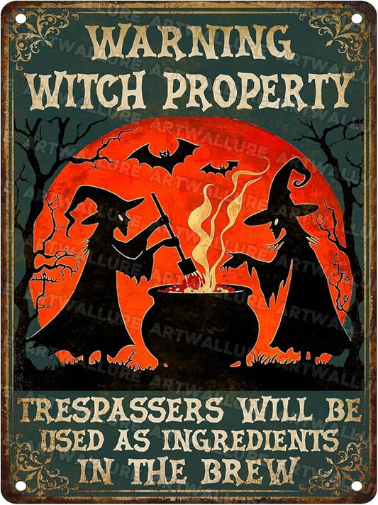 Witch Property Warning Vintage Sign Halloween Witch Metal Tin Sign for Home Bar Kitchen Hotel Dining Room Coffee 12x16inch