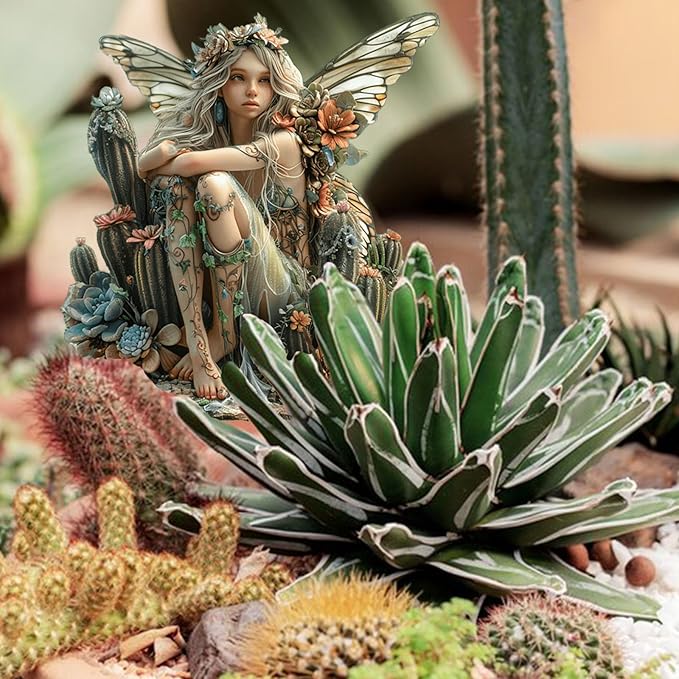 Fairy Garden Stake Decor, 2D Flat Acrylic Fairy Garden Decor Panel, Elf Yard Sign for Outdoor Indoor Yard Lawn Plants Pots, Fairy Garden Accessories (Cactus Fairy)
