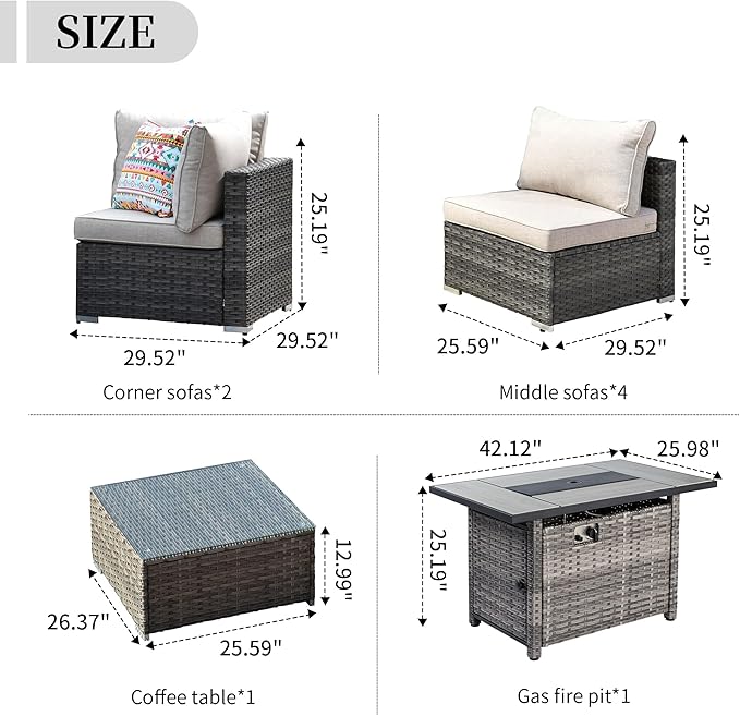 HOOOWOOO 8 Piece Patio Sectional Furniture Set with Fire Pit Table,Modern Wicker Outdoor Conversation Sofa Sets,Weather Resistant Modular L Shaped Outside Couch Set(Beige)