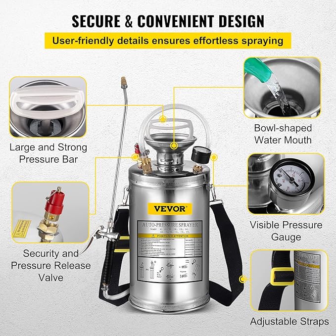 Happybuy 1.5 Gallon Stainless Steel Sprayer, 16" Wand&3.3FT Reinforced Hose, Hand Pump Sprayer with Pressure Gauge, Safety Valve&Adjustable Nozzle, Weed Sprayers for Lawn, Gardening & Sanitizing