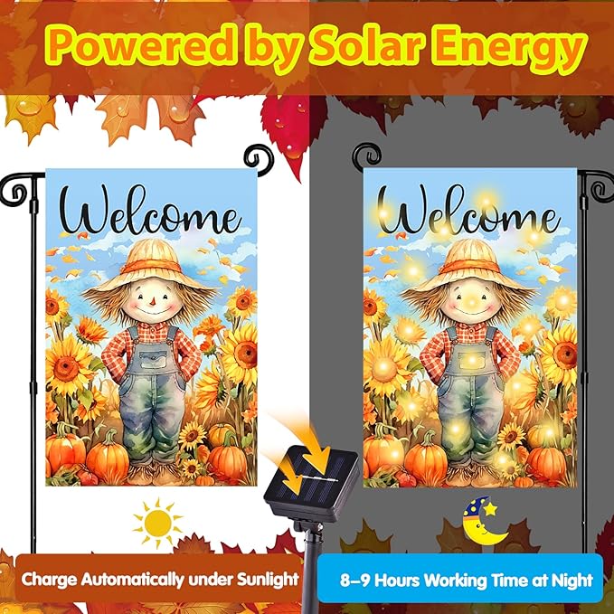 Solar Seasonal Garden Flags Set of 12, Lighted 12×18 Double-Sided Yard Flags for Outside Halloween Christmas Fall Thanksgiving Day Decorations Welcome Flag Outdoor Holiday Decor