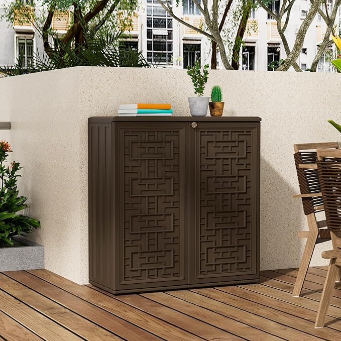 Storage Box Outdoor Caninet,Resin Indoor Storage Box Waterproof Outdoor Storage Cabinets for Patio/Garden/Backyard, Size 34.3''L*15''W*36.2''H(Brown)
