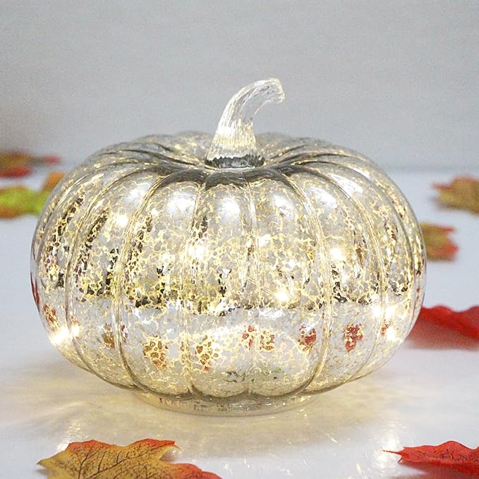 Mercury Glass Pumpkin Lights with Timer, Battery Operated Led Pumpkin Lights for Halloween Fall,Thanksgiving Rustic Decor (Silver Common, 6")