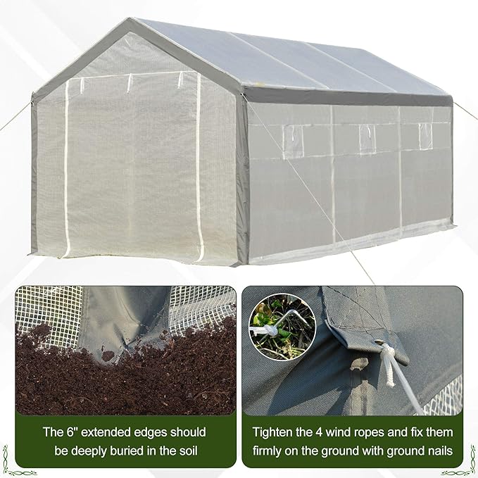 Outsunny 20' x 10' x 9' Walk-in Greenhouse, Outdoor Garden Warm Hot House with 6 Roll-up Windows, 2 Zippered Doors and Weather Cover, White