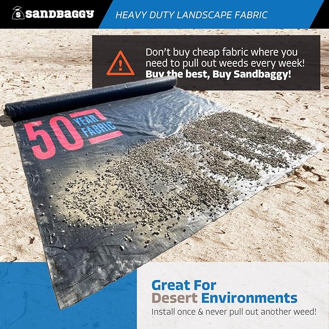 Sandbaggy 15 ft Heavy Duty Landscape Fabric | 50 Year Fabric | 6 oz Extra Thick Weed Barrier | Rock & Gravel Landscaping | UV Resistant | 365 Weed Free Guarantee (15 ft x 50 ft, 1, Count)
