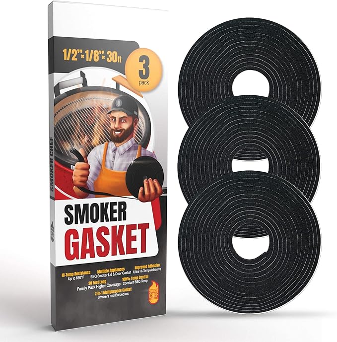 XXL 30 FT Grill Gasket for Smokers - Black 1/2’’ x 1/8’’ Hi Temp Seal Smoker Gasket – 3-Pack x 10 FT Self Stick Black Nomex Fire Tape for BBQ Lid – High Heat Temperature Material Replace