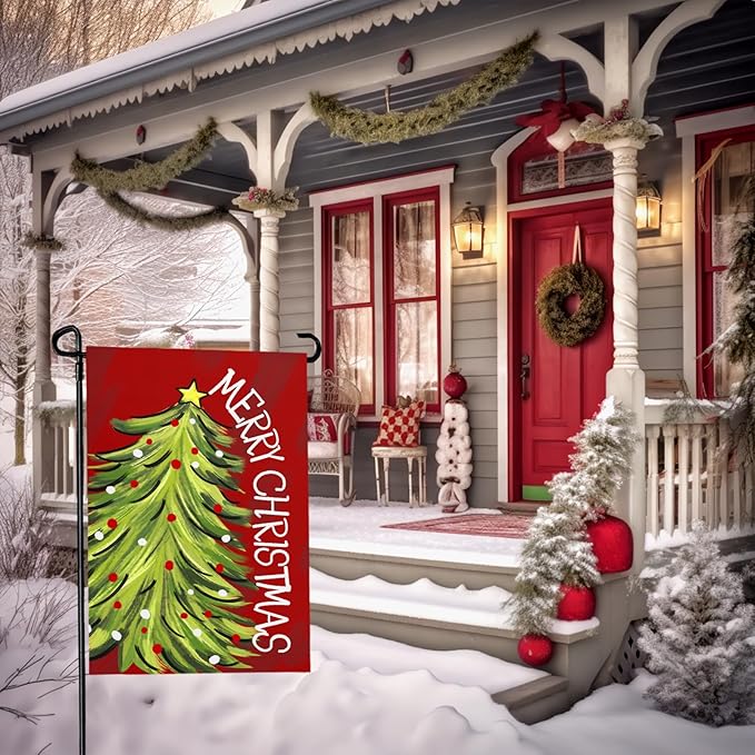 Merry Christma Garden Flag Xmas Tree Yard Flag Winter Red Green Trees Double Sided Vertical House Banner for Rustic Farmhouse Seasonal Outdoor Decoration 12x18 Inch