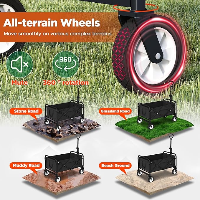 PayLessHere 38" Collapsible Wagon Folding Foldable Garden Cart with Large Capacity, 330 LBS Capacity Portable Utility Wagon Cart Heavy Duty for Beach Camping Shopping Garden,Black