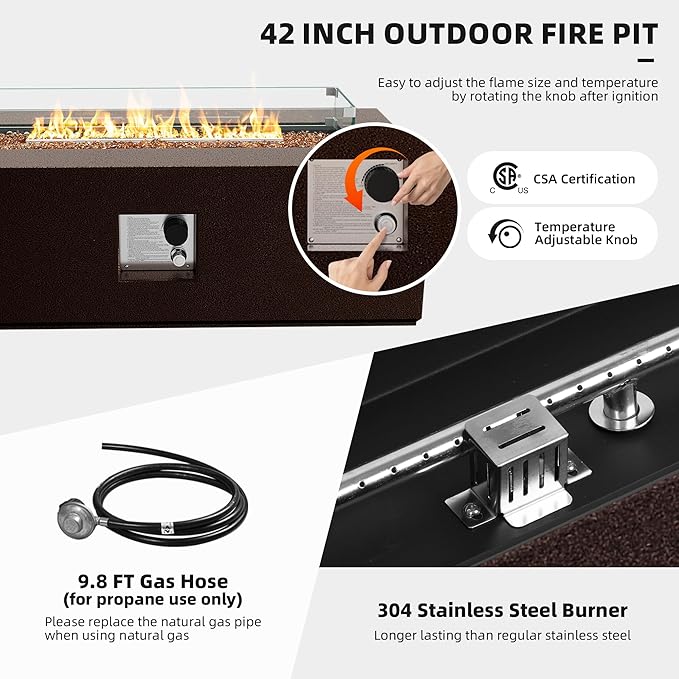 UPHA 42-inch Outdoor Propane Gas Fire Pit Table 50000 BTU Iron Rectangle Firepit for Outside Patio with Tank Hidden Table, Wind Guard, Removable Lid, Gold Glass Rocks, Rain Cover, Brown