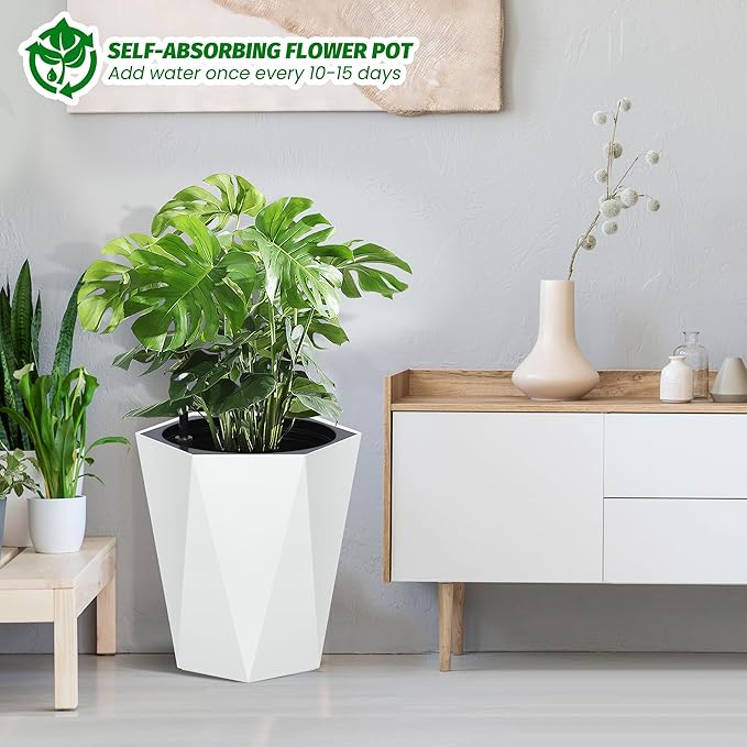 16 Inch Tall Outdoor Planters Set of 2, Self Watering Pots for Indoor Plants with Water Level Monitor & Drainage Hole & Wheels, Large Planter Pots for Garden, Patio, Balcony, White