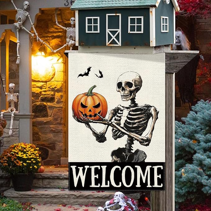 DLZDN Welcome Halloween Skeleton Garden Flag Funny Horror Skull Pumpkins Flag 12×18 Inch Double Side Vertical Burlap Farmhouse Yard Sign Holiday Seasonal Outdoor House Decoration