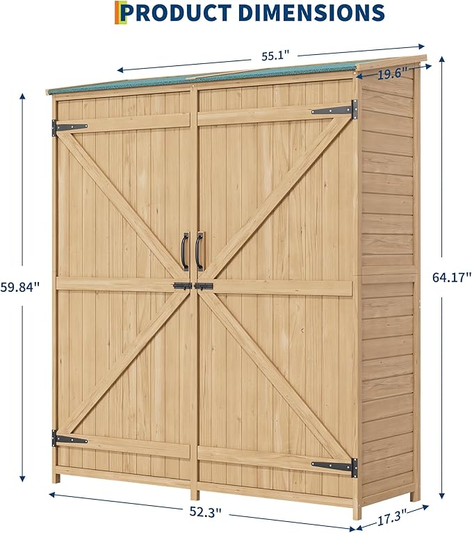 Wooden Storage Cabinet, Outdoor Tools Shed with Waterproof Roof, Double Lockable Doors and 2 Adjustable Shelves, Lockable Garden Shed for Patio, Garden, Backyard, Lawn