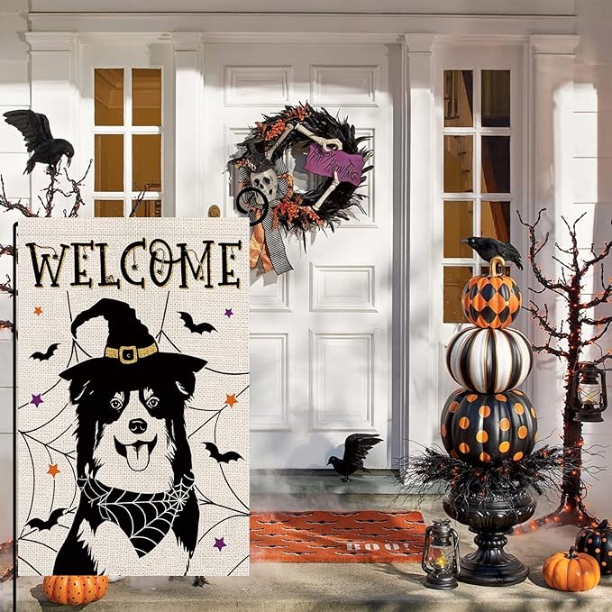 Halloween Garden Flag Australian Shepherd Cobweb Bats Double Sided Vertical Welcome Flag Holiday Outdoor Yard Lawn Decorations 12.5 x 18 Inch