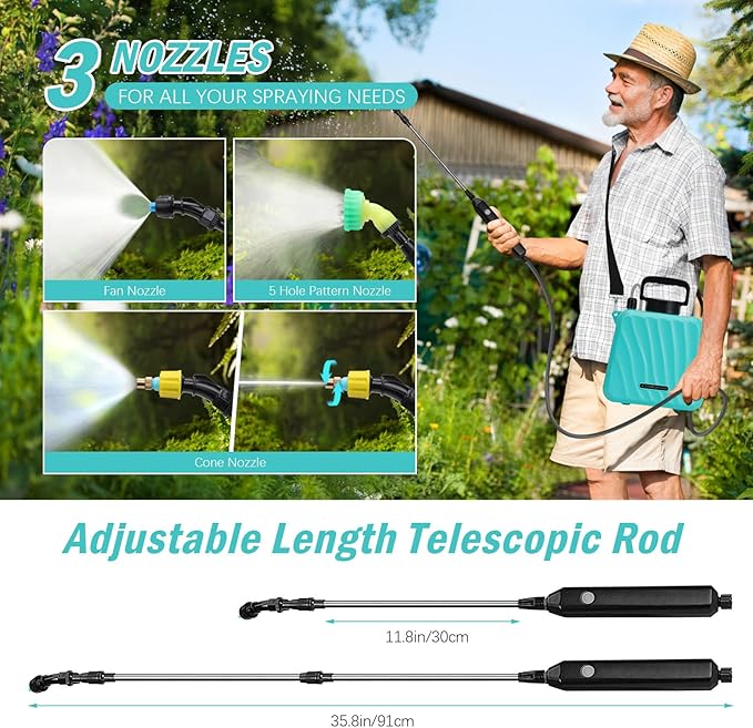 Battery Powered Sprayer, 1.35 Gallon Electric Cordless Garden Sprayer with USB Rechargeable Handle, 3 Adjustable Mist Nozzles, Telescopic Wand, Adjustable Shoulder Strap for Lawn, Garden, Cleaning