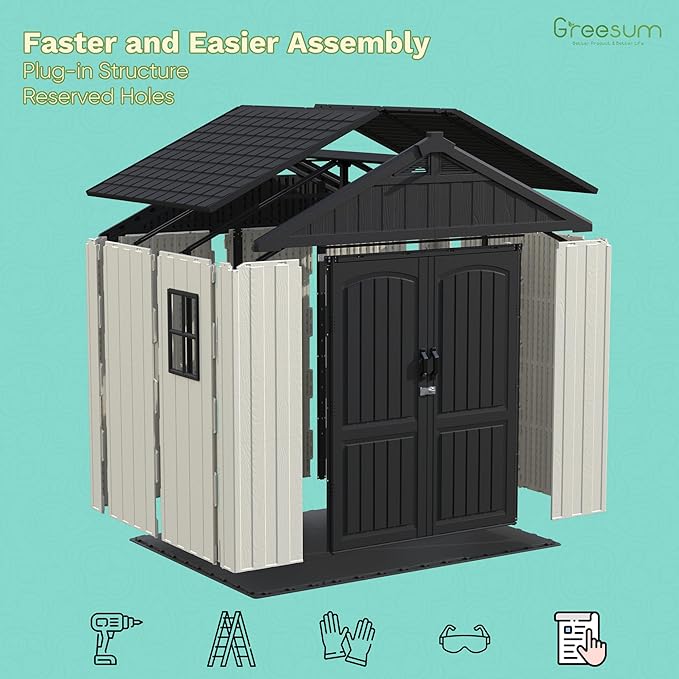 Greesum 8×6 FT Plastic Outdoor Storage Shed with Floor, Resin Sheds with Window and Lockable Door, Weather Resistant Organization for Garden, Lawn, Pool Supplies, Beige