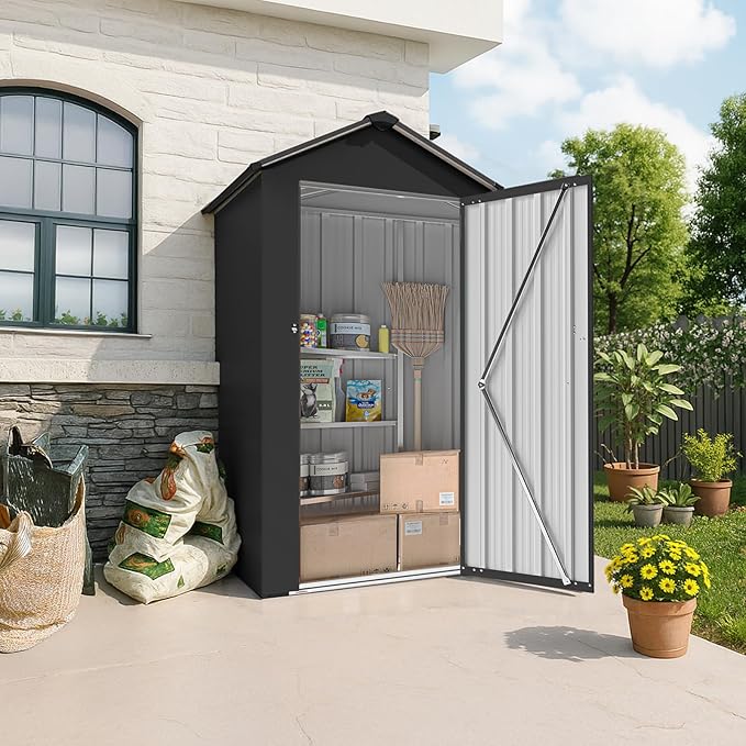 2.5x1.4 FT Heavy-Duty Black Metal Storage Shed–Lockable Small Tool Shed with Adjustable Shelves Garden Sheds & Outdoor Storage, Tool Shed Outdoor Storage in Garden, Backyard, Patio, Poolside