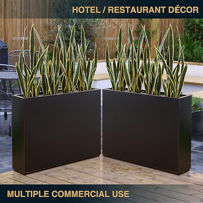 Metallic Heavy Outdoor Planter Box, Span Planter, Pure Black with Hand Brushed Gold Rim, Long and Tall Divider Planter, No Assembly and Seamless, 38”Lx10”Wx30”H 48.8 Pounds