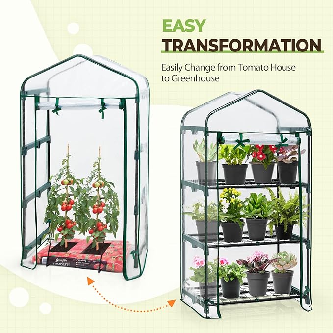 EAGLE PEAK Mini Greenhouse with Wire Shelves, Portable Indoor & Outdoor Garden Green House with Roll-Up Zipper Door, 3 Tier , 27"x19"x50", Clear PVC Cover