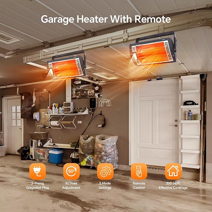 Shinic Garage Heater, 1500W Ceiling Mounted Shop Heater with Remote Control, 5 Mode Settings, 90° Tilting, Overheat Protection & ETL Listed for Indoor/Outdoor Use,Black