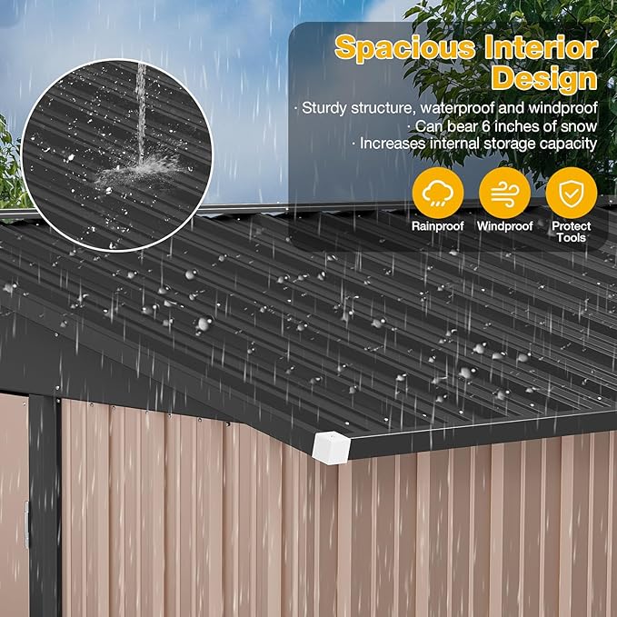 8x6 FT Outdoor Storage Shed with Floor & Lockable Double Doors, Heavy-Duty Galvanized Steel Outdoor Metal Shed for Bike, Tool, Generator Storage in Backyard, Patio (8’x6’, Floor)