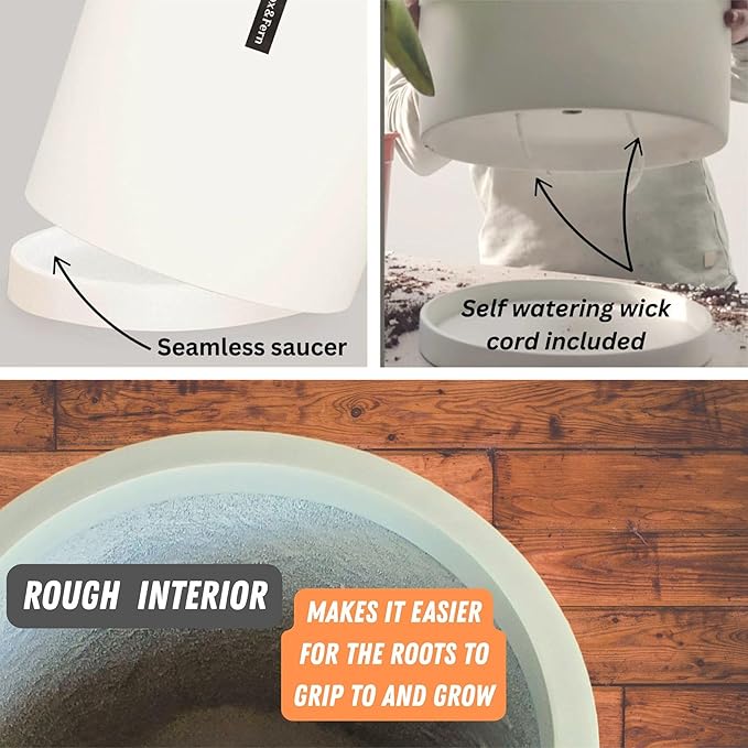 Fox & Fern 10 Inch Plant Pot with Hidden Saucer — Premium Lightweight Fiberstone Matte White Self Watering Planter with Seamless Saucer; Indoor & Outdoor Use; Weather Resistant & UV Resistant