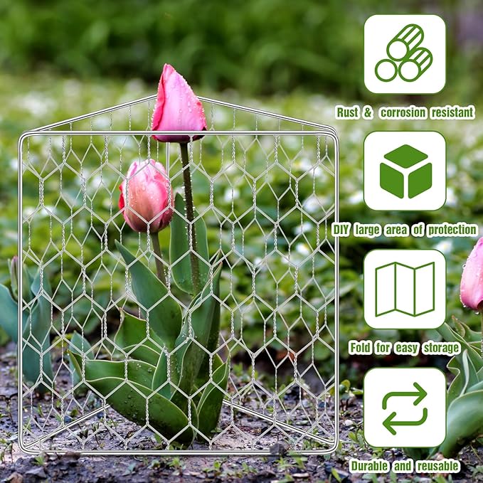 16 Set Wire Plant Protectors Square Wire Plant Cages Chicken Wire Cloche Mesh Plant Cage with 64 Ground Stakes and 200 Nylon Ties Protect Plants, Garden, Vegetables from Animals(12 x 12)