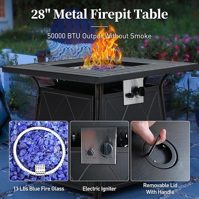 5 Piece Metal Outdoor Patio Furniture Set with Fire Pit Table, Patio Conversation Sets 4 Rocking Chairs with 5.75" Thick Cushion and 5000 BTU Fire Pit Table, Backyard Furniture, Blue