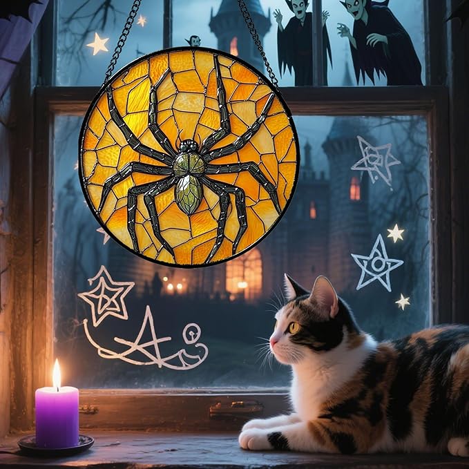 Stained Glass Window Hanging - Halloween Decorations Black Spider Suncatcher for Doors Garden Indoor Spooky Funny Sun Catchers Gothic Decor Horror Gifts for Women Men Friend 15 in